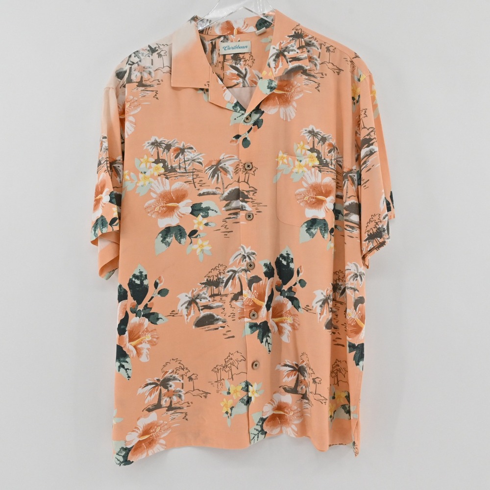 Caribbean Camp Shirt Mens Size XL Orange Tropical Hibiscus Palm Tree Floral Luau